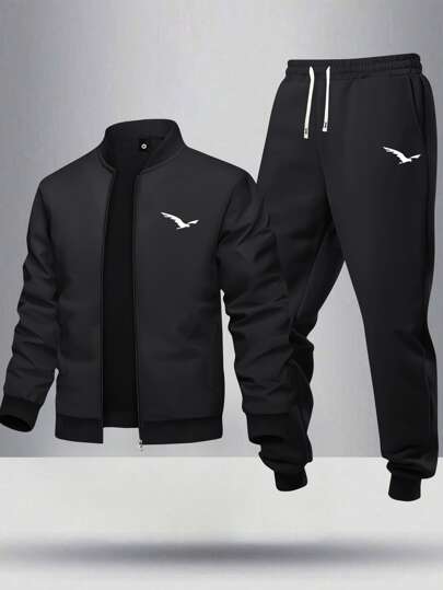 男式 2 件套小鸟图案印花飞行员夹克和慢跑裤套装，适合春秋季休闲户外穿着