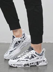 Men's White Sneakers With Graffiti Print, Front Lace Up, Comfortable Lightweight Round Toe Casual Campus Youth Walking Sports Shoes