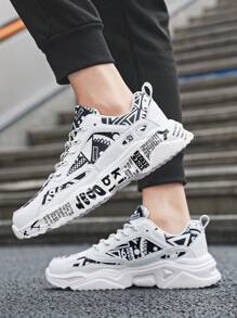 Men's White Sneakers With Graffiti Print, Front Lace Up, Comfortable Lightweight Round Toe Casual Campus Youth Walking Sports Shoes