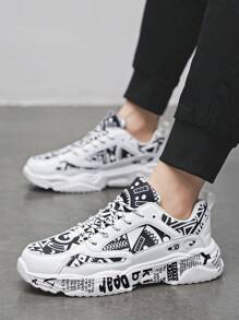 Men's White Sneakers With Graffiti Print, Front Lace Up, Comfortable Lightweight Round Toe Casual Campus Youth Walking Sports Shoes