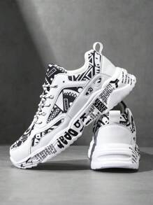 Men's White Sneakers With Graffiti Print, Front Lace Up, Comfortable Lightweight Round Toe Casual Campus Youth Walking Sports Shoes