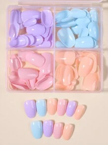 96pcs/Box (4 Mixed Colors) Short Oval Glossy Macaron Color Solid Nail Tips, Acrylic Fake Nails Set - Multicolor - View 4
