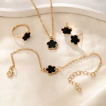 4pcs/Set Korean Version New Clover Jewelry Set For Girl, Includes Necklace, Bracelet, Ring, Stud Earrings, Minimalist Floral Design - one-size - View 4