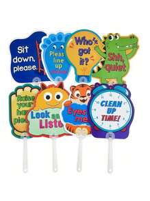 8pcs Cartoon Classroom Rule Board - Colorful Teacher Instruction Signs, Handheld Education Assistive Tool For English Class Interaction, Classroom Management Teacher Command Cards, Early Childhood Teaching Aids