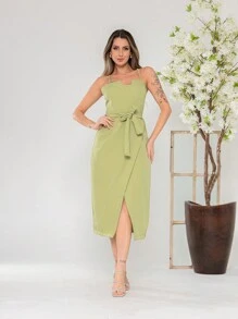 V761 Tailored Midi Dress With Straps - Olive Green - View 3