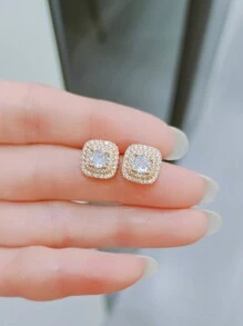 2只装立方氧化锆耳钉，方形水钻耳环，嘻哈风饰品，周年纪念/生日/情人节的理想礼物