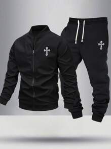 Bộ 2 áo khoác bomber in chữ thập cá nhân hóa cho nam có quần thể thao cạp rút dây, bộ đồ thể thao ngoài trời thường ngày, mùa xuân và mùa thu - màu đen - Xem 1