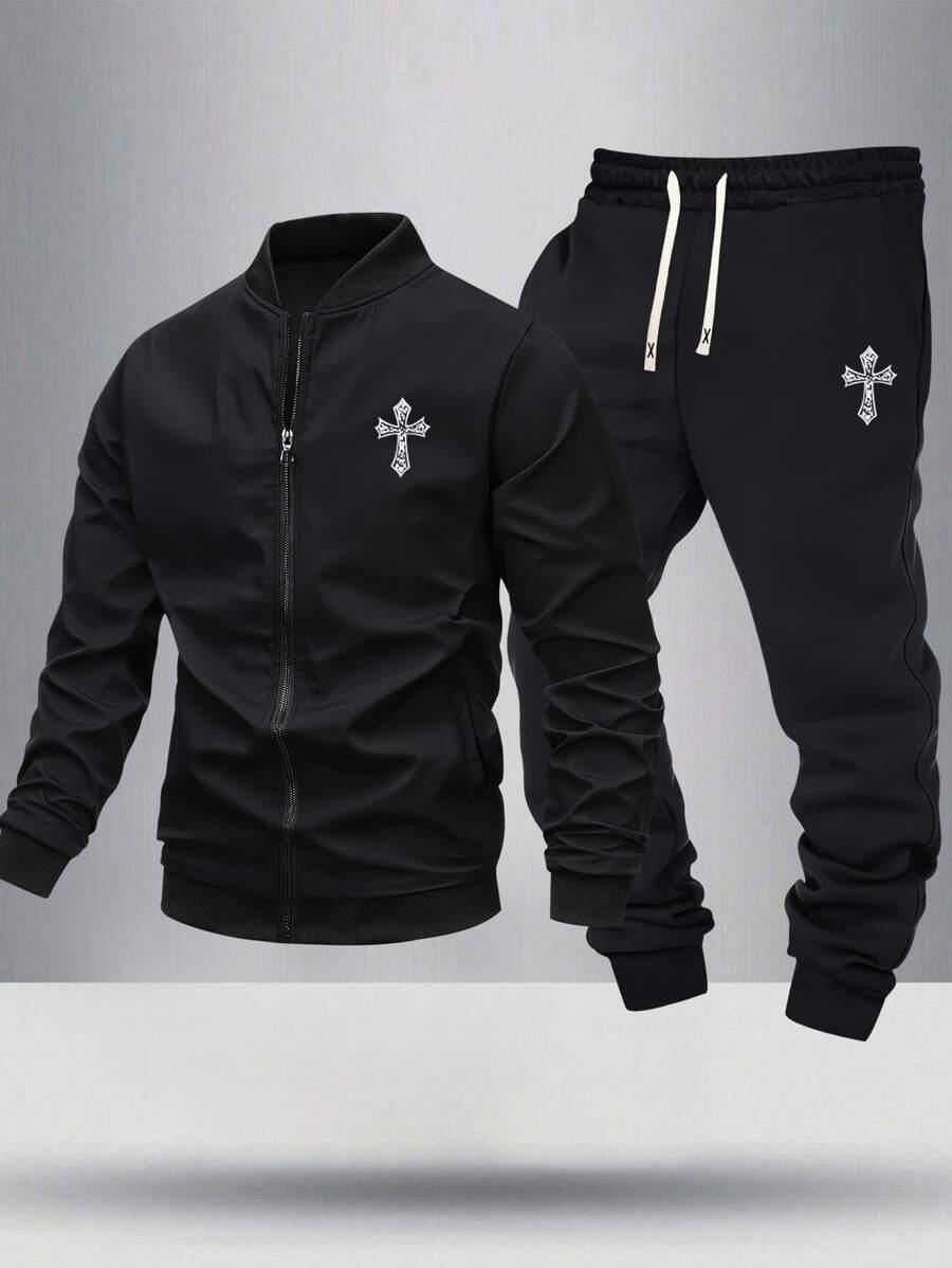 Bộ 2 áo khoác bomber in chữ thập cá nhân hóa cho nam có quần thể thao cạp rút dây, bộ đồ thể thao ngoài trời thường ngày, mùa xuân và mùa thu - màu đen - Xem 1