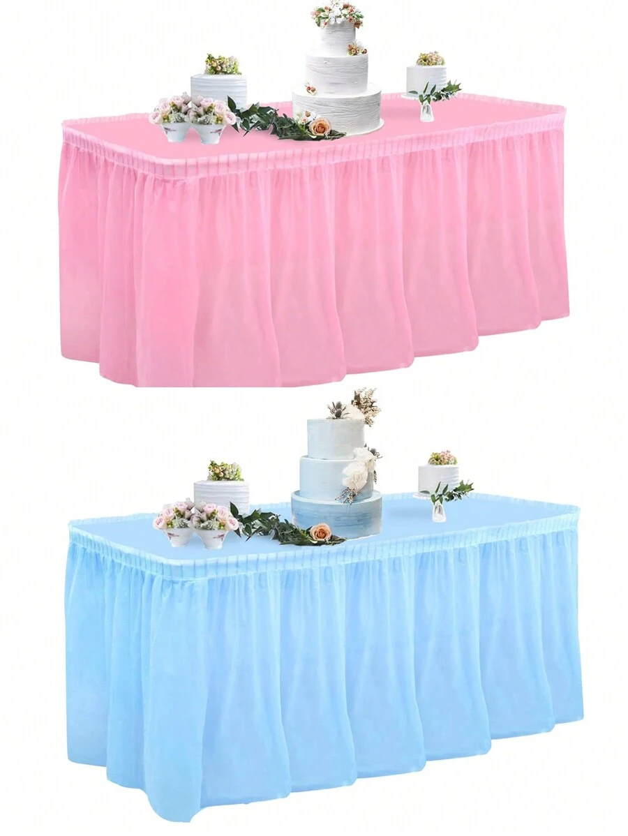 Blue And Pink , Plastic Tablecloth Set & Table Skirt 14FT Disposable Table Skirting Includes Table Cover For Rectangle Table, Wedding, Buffet, Birthday Party, Girl Baby Shower Decorations - Multicolor - View 1
