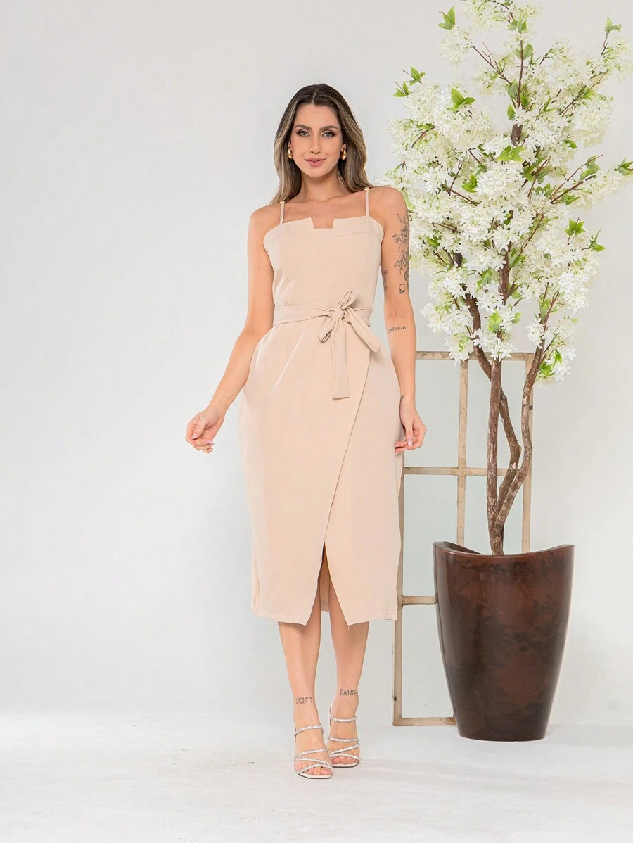 V761 Tailored Midi Dress With Straps - Beige - View 1