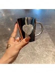 1pc 300ml Rhinestone Heart-Shaped Stainless Steel Cup, Coffee Mug, Creative Handmade Portable Cup, Shiny Design, Suitable For Car, Office, Home Use, Also An Ideal Back-To-School Gift - Silver - View 12