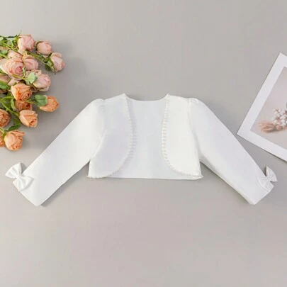 Girls' Formal Shawl Jacket, Mid-Sleeve, Bow Tie & Pearl Decor, Suitable For Dresses, Princess Gowns, Parties, Performances, Celebrations, Parades, Birthdays, Stage, Concerts