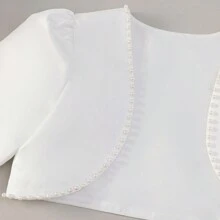女童正式披肩外套，中袖，领结和珍珠装饰，适合搭配连衣裙、公主裙，适用于派对、表演、庆典、游行、生日、舞台、音乐会等场合。 - 白色 - 查看 3