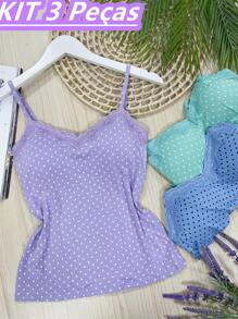 KIT 3 Polka Dot Tank Top With Beautiful Viscolycra Fabric Cups - Màu tím hoa cà - Xem 1