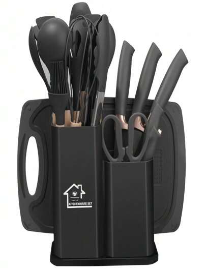 Kit Completo Jogo Utensílios de Cozinha Luxo 19 Peças Com Tábua em Silicone Espátula Faca Tesoura