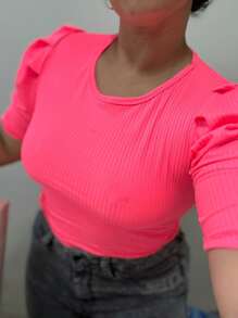 PRINCESS PUFFED SLEEVE RIBBED TOP FOR WOMEN - Dusty Pink - View 5