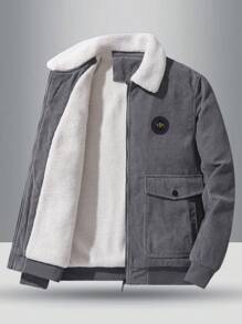 Men's Long Sleeve Autumn New Stylish Chest Label Decor, Side Large Capacity Flap Pockets, Ribbed Cuffs & Hem Design, Soft & Comfortable Collared Jacket