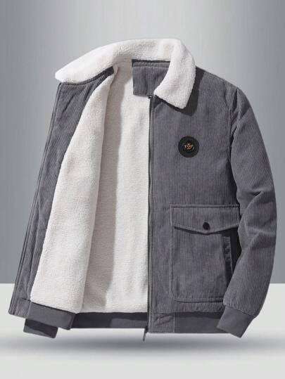 Men's Long Sleeve Autumn New Stylish Chest Label Decor, Side Large Capacity Flap Pockets, Ribbed Cuffs & Hem Design, Soft & Comfortable Collared Jacket