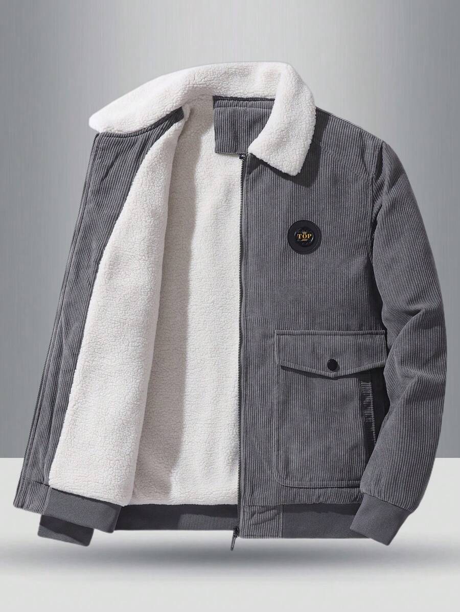 Men's Long Sleeve Autumn New Stylish Chest Label Decor, Side Large Capacity Flap Pockets, Ribbed Cuffs & Hem Design, Soft & Comfortable Collared Jacket