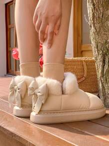 1 Pair Unisex EVA Thermal Lined Bow Decor Anti-Slip Thick Sole Flat Casual Shoes, Suitable For Autumn/Winter - Beige - View 5