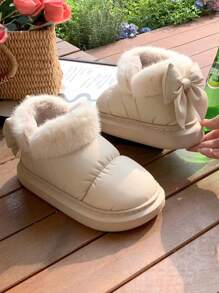 1 Pair Unisex EVA Thermal Lined Bow Decor Anti-Slip Thick Sole Flat Casual Shoes, Suitable For Autumn/Winter - Beige - View 2
