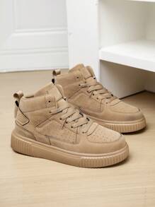 女士复古风格卡其色系带拼接高帮平底滑板鞋,简约舒适户外百搭徒步校园男女通用运动鞋 - 卡其色 - 查看 10