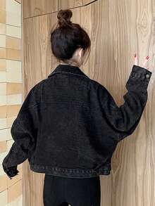 深灰色翻领做旧洗水宽松休闲牛仔女衬衫，春秋季 - 深灰色 - 查看 3