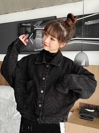 深灰色翻领做旧洗水宽松休闲牛仔女衬衫，春秋季