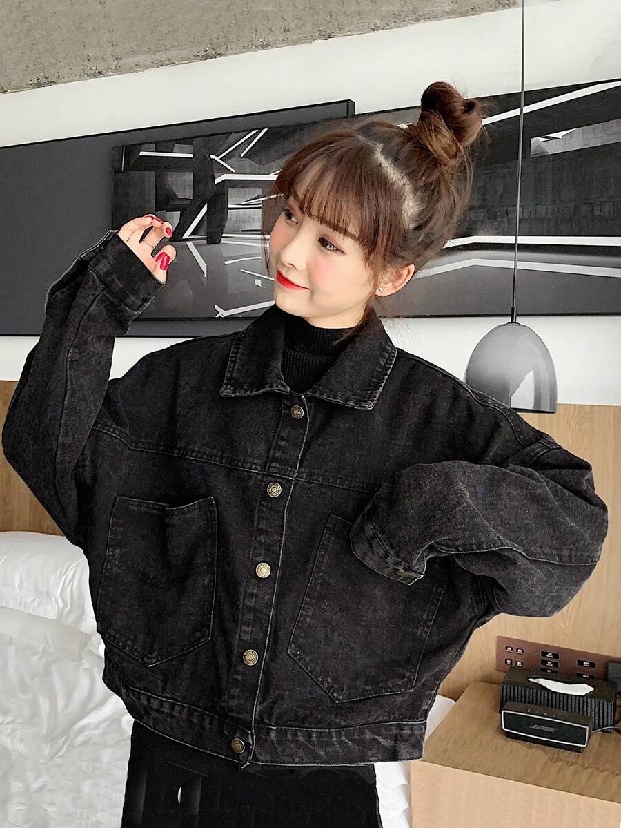 深灰色翻领做旧洗水宽松休闲牛仔女衬衫，春秋季 - 深灰色 - 查看 1