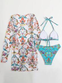 3 件套印花网眼罩衫和吊带比基尼套装，性感泳装，欧美风格，适合夏季海滩度假