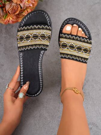 女士金色和黑色套脚凉鞋，舒适轻便，适合海滩和派对穿着