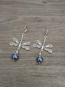 1 Paire De Boucles D'oreilles Crochets Pendentifs Style Bohémien Vintage Libellule & Perles Vertes Fausses Pour Femmes, Cadeau De Bijoux Pour Fêtes Et Voyages