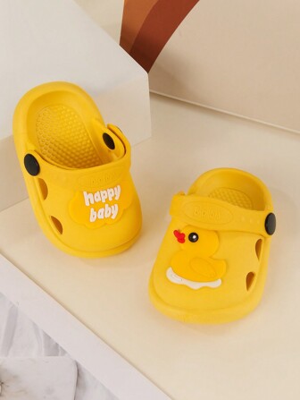 1 Pair Yellow Duck Decorated Soft Bottom Non-Slip PVC Sandals, Unisex Children Beach Shoes, Toddler & Kid Slide-On Shoes, Suitable For Summer