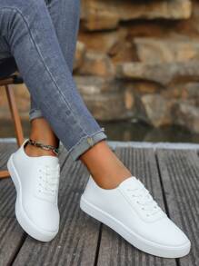 Women White Shoes - British Style Leather Lace-Up Sneakers, Round Toe Low-Top Flat Skateboard Shoes, Fashionable Breathable Non-Slip White Casual Shoes For Students