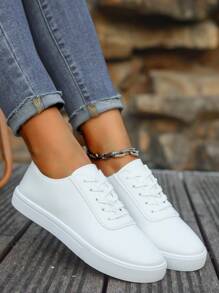 Women White Shoes - British Style Leather Lace-Up Sneakers, Round Toe Low-Top Flat Skateboard Shoes, Fashionable Breathable Non-Slip White Casual Shoes For Students