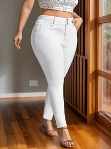 Los pantalones vaqueros ajustados de cintura alta elásticos blancos de talla grande para mujer, los pantalones tipo lápiz se ven delgados y sexys, Pantalón Jeans de Tiro Alto para mujer, con Detalles de desgaste Ajustados Cómodos Amolda Curvas, Jeans ajustados con botón