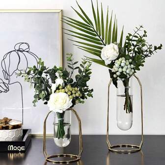 1 件带铁艺框架的花瓶，现代玻璃花瓶，几何花盆，中心装饰植物花瓶，植物桌面展示架，适用于婚礼桌办公室客厅装饰、家居装饰、卧室、餐桌、办公室、婚礼、中心装饰、装饰、中心装饰、花瓶