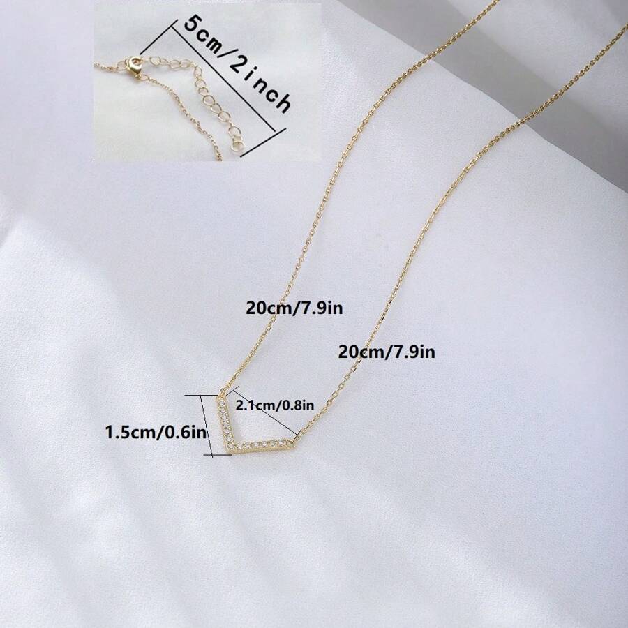 1pc V Collarbone Necklace With Rhinestone Simple & Elegant Stainless Steel - Gold - View 1