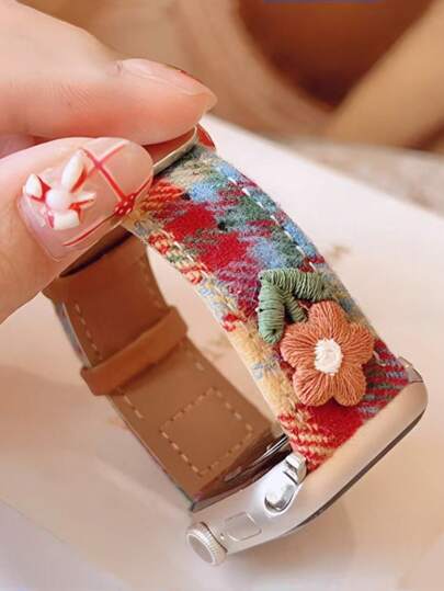 1 PIEZA Correa compatible con Apple Watch de cuero de PU a cuadros de lana con flores coloridas, para mujeres, para modelos S10 11 42/46mm 49Ultra, otoño e invierno, Navidad