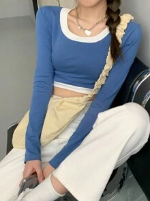 Casual Cropped Colorblock Round Neck T-Shirt, Autumn - Blue - View 4