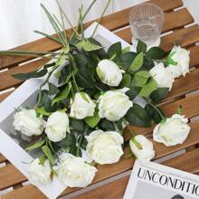 2/6/10/12pcs Artificial Silk Rose Flower Bouquet With Long Stems For Home Wedding Decor, Valentine's Day Party Gifts Birthday Graduation - White - View 4