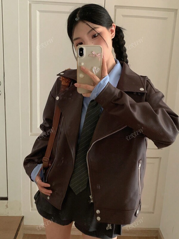 Women's Solid Color Front Zip Up Pockets Casual Jacket, Minimalist Design
