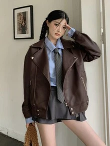 Women's Solid Color Front Zipper Long Sleeve Pocket Casual Jacket - Dark Brown - View 5