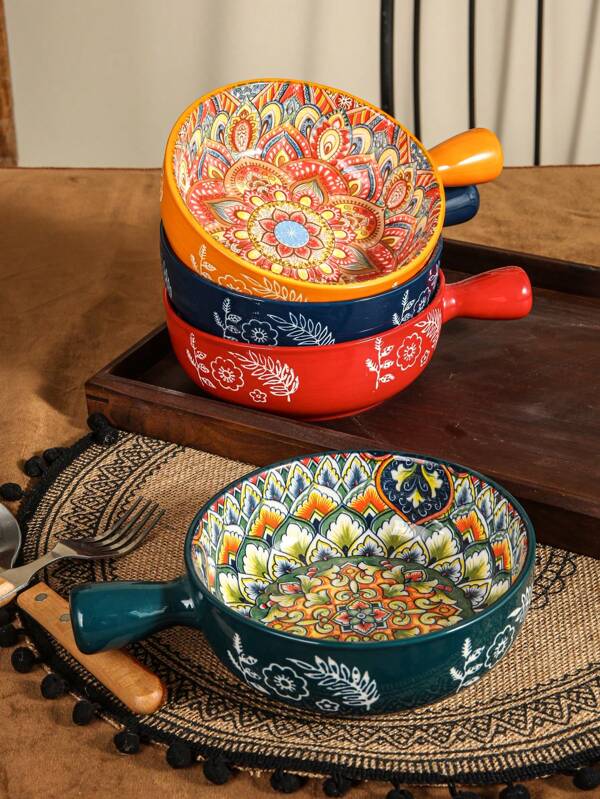 1pc Ceramic Bowl With Handle, Unique Floral Rim Design, 4 Color Options, Suitable For Kitchen, Dining, Ramen, Soup,School Supplies