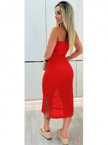 Evangelical Modal Knit Party Slit Strap Midi Dress - Red - View 3