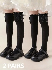 1pair Toddler Girls' Diamond Pattern Mesh Over Knee Socks With Bowknot & Lace Trim, Suitable For Daily Wear - Black - View 8