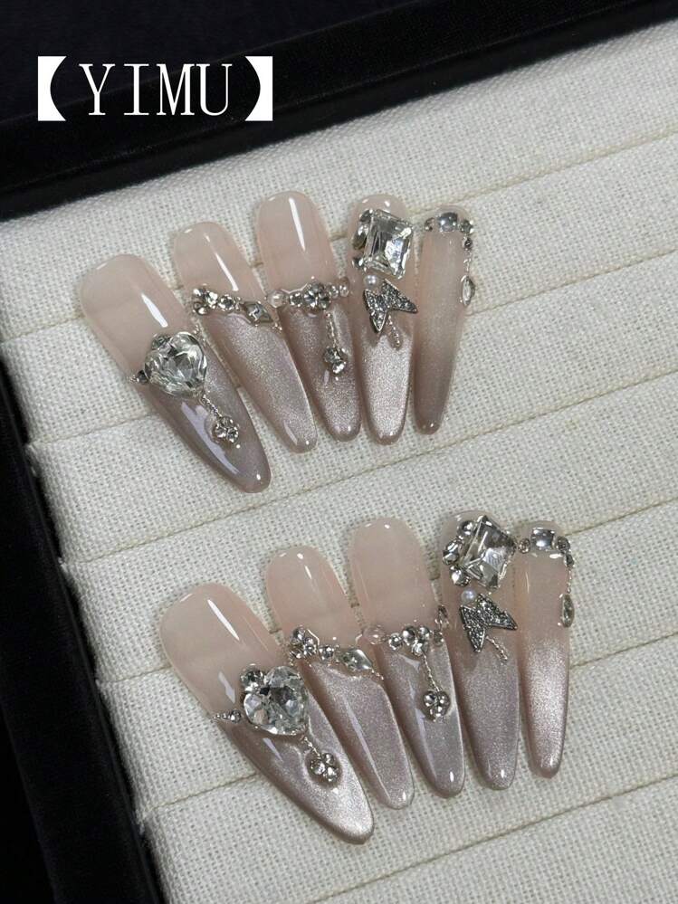 10개 슈퍼 롱 수제 인조 강아지 네일 팁, 우아한 고양이 눈 디자인, 고급 네일 스티커 프레스 온 네일 네일 용품 네일