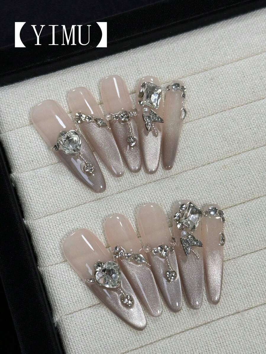 10片超长手工仿狗指甲贴片，优雅猫眼设计，奢华美甲贴纸，按压式美甲，美甲用品，手工按压式美甲 - 淺灰紫 - 查看 1