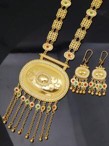 Set de 2 piezas con aretes y collar chapado en oro de 24K de aleación de zinc, joyería de novia de lujo, estilo Dubai