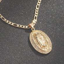 dollrinboy 1 件 14K 镀金圣母玛利亚瓜达卢佩吊坠项链 适合男女 3 毫米扁平费加罗链项链 - 金色 - 查看 9